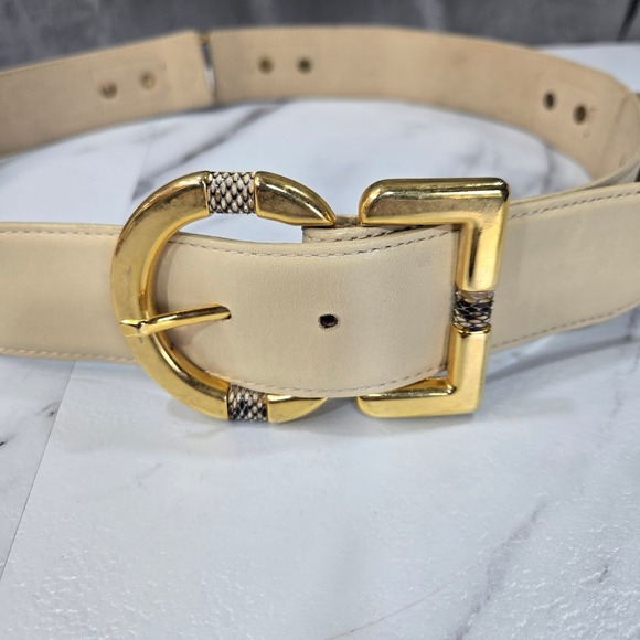 Vtg Avignon Leather Belt M Cream Snakeskin Print Gold Studs Western Cowboy Boho